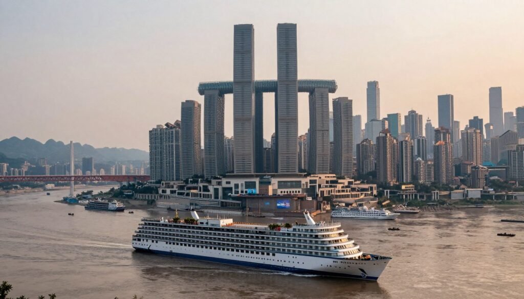 Yangtze River cruise ship approaching Chongqing with mountain city backdrop