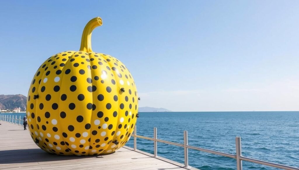 Yellow pumpkin art installation by Yayoi Kusama on the shore of Naoshima Island, Japan