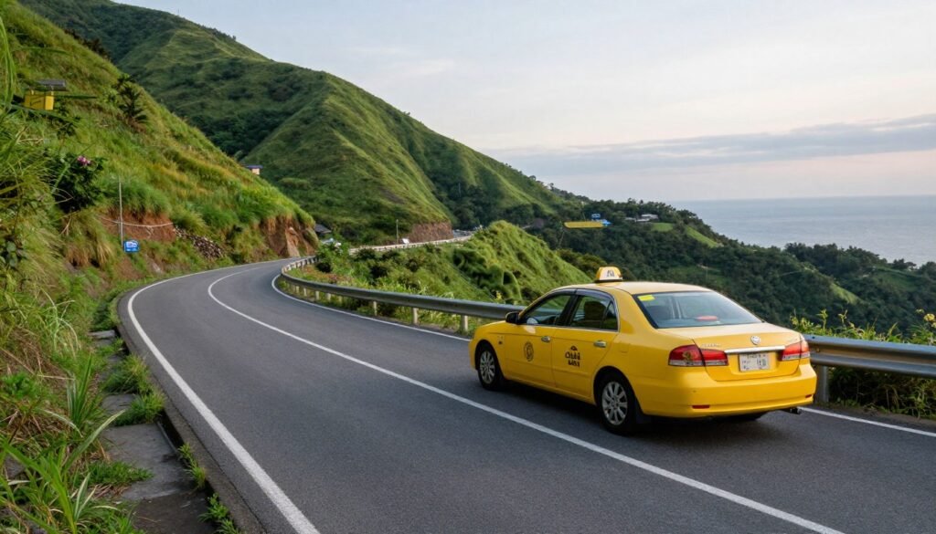 Yellow taxi on mountain road approaching Jiufen village with ocean views