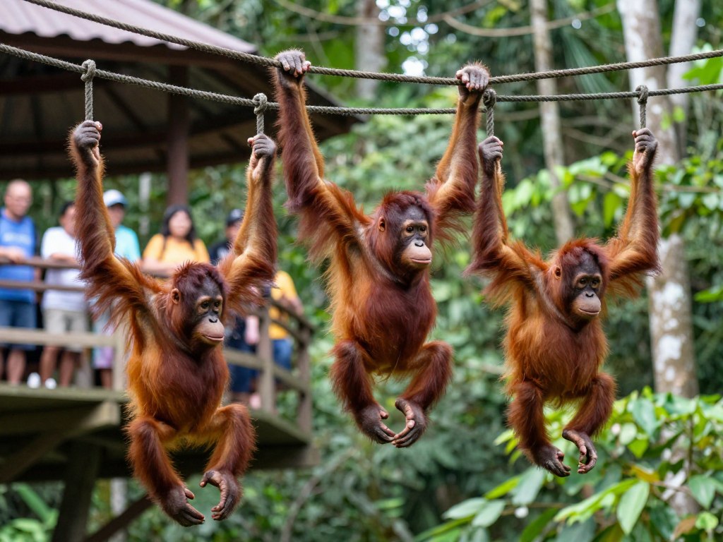 Young orangutans playing on ropes and platforms during feeding time at Sepilok