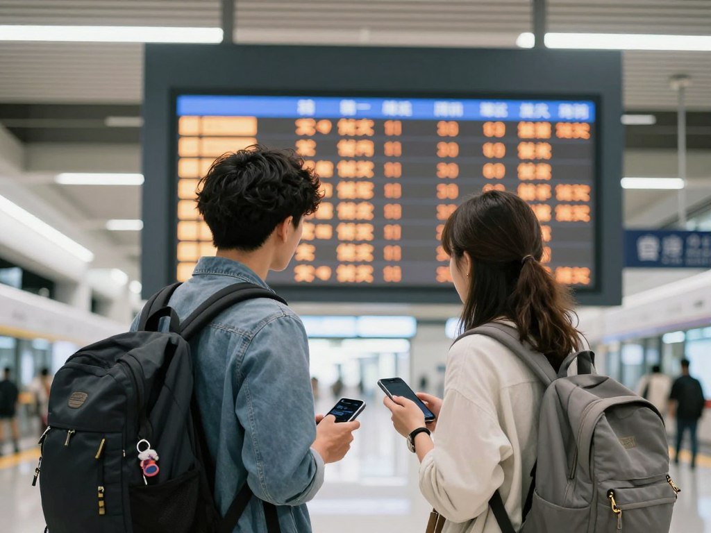 Young travelers studying train schedule board at Taiwan station
