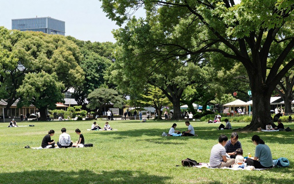 Yoyogi Park with people relaxing on grass under trees