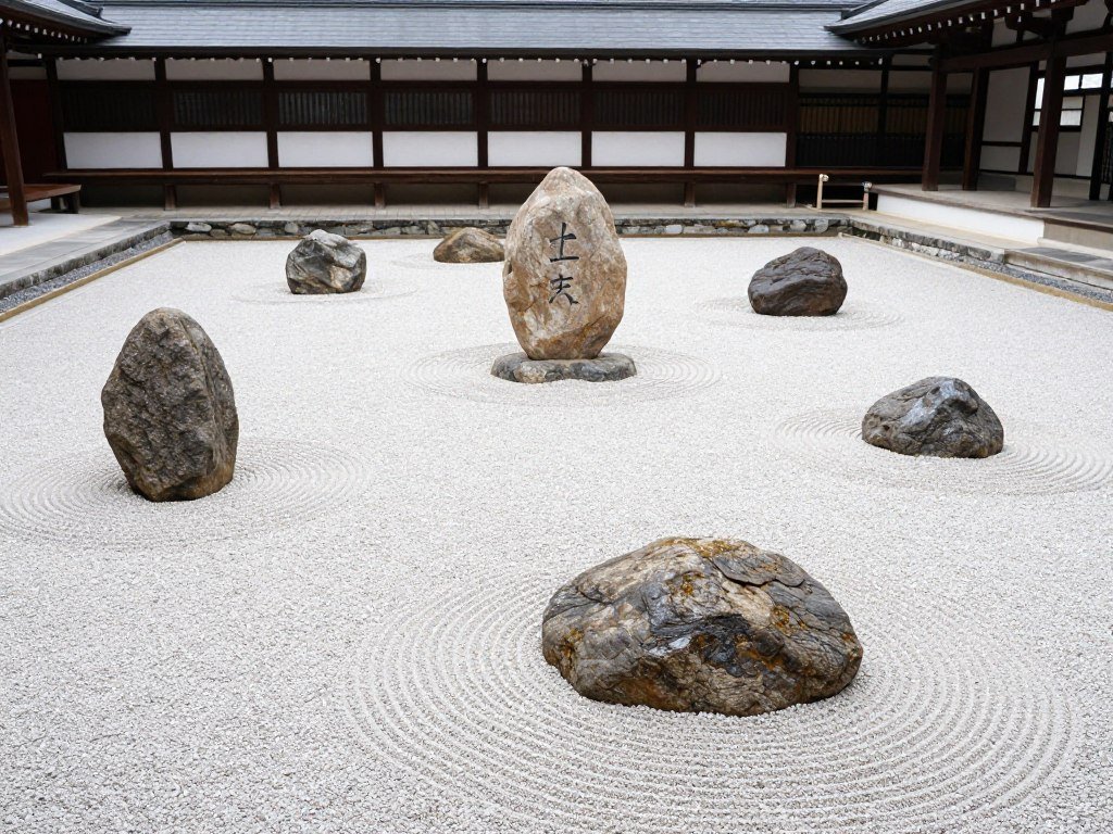 Zen rock garden at Ryoan-ji Temple with raked gravel patterns Zen rock garden at Ryoan-ji Temple with raked gravel patterns