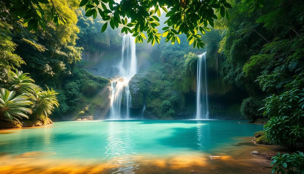 a serene, lush tropical landscape with towering waterfalls cascading over mossy cliffs, surrounded by a dense canopy of verdant rainforest foliage. in the foreground, a tranquil turquoise pool reflects the vibrant greens and blues of the scene. warm natural sunlight filters through the leaves, casting a warm, golden glow across the hidden gem nestled deep within the indonesian wilderness. the composition captures a sense of tranquility, mystery, and the untamed beauty of indonesia's most secluded natural wonders.