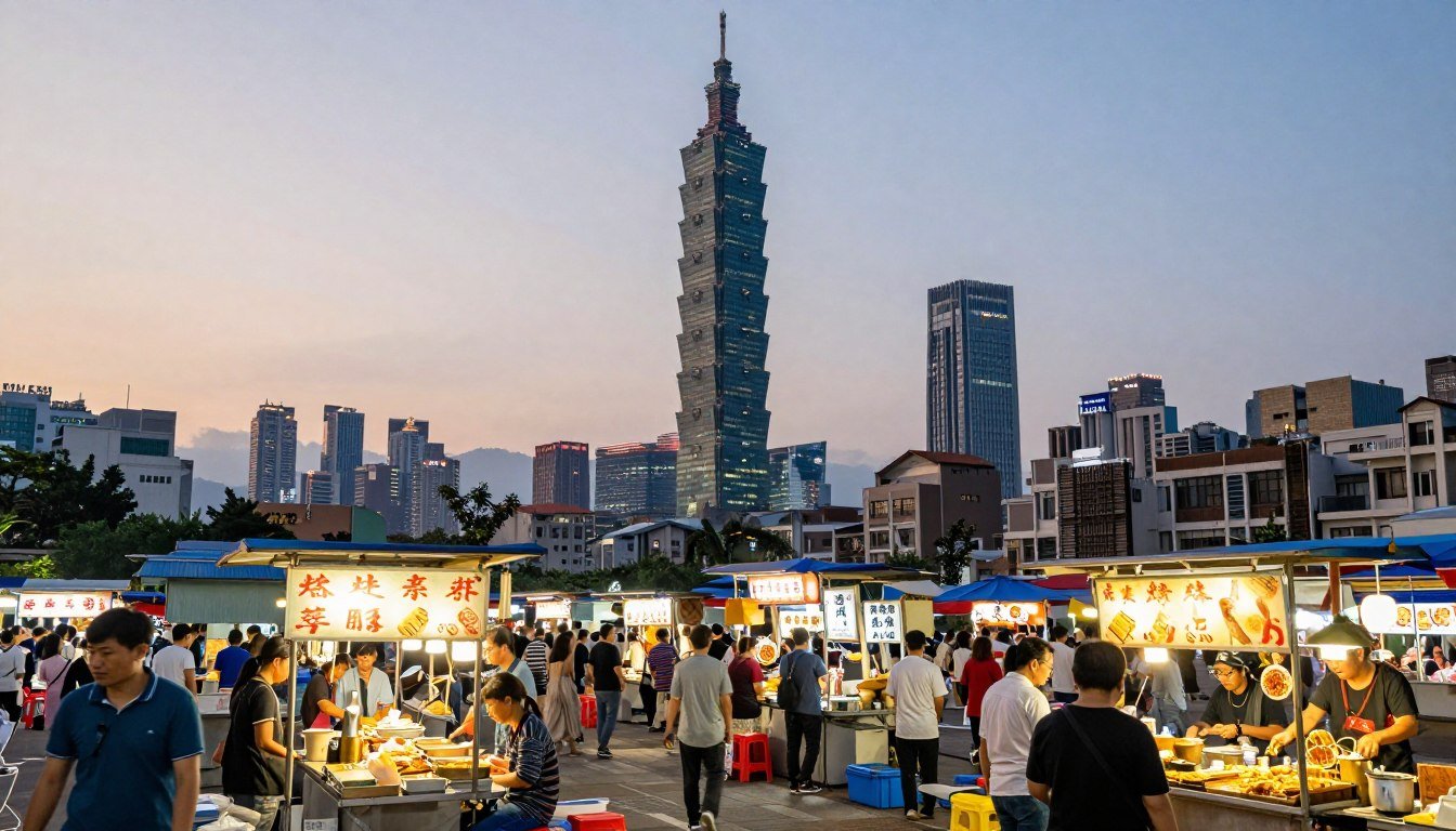 affordable trip to Taiwan showing Taipei skyline with night market in foreground