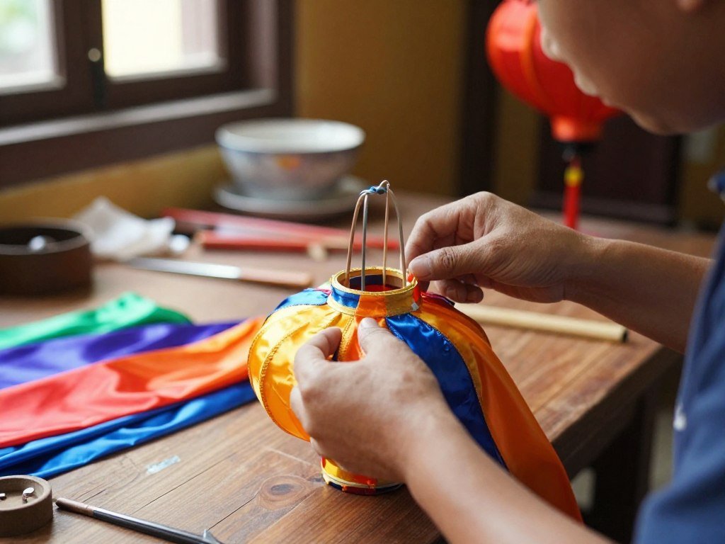 artisan hands crafting traditional silk lantern in Hoi An workshop with colorful materials artisan hands crafting traditional silk lantern in Hoi An workshop with colorful materials