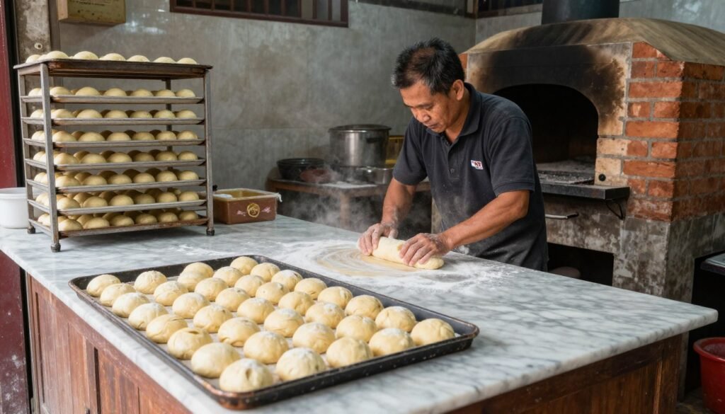 baker making tau sar pneah in traditional bakery