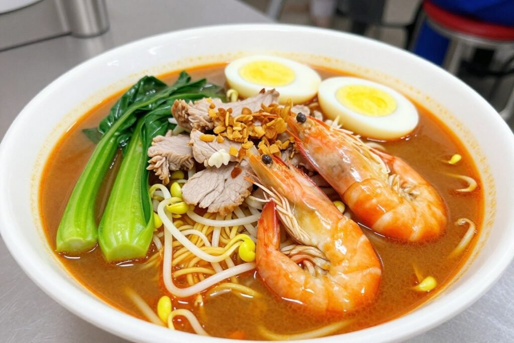 bowl of hokkien mee prawn noodle soup penang