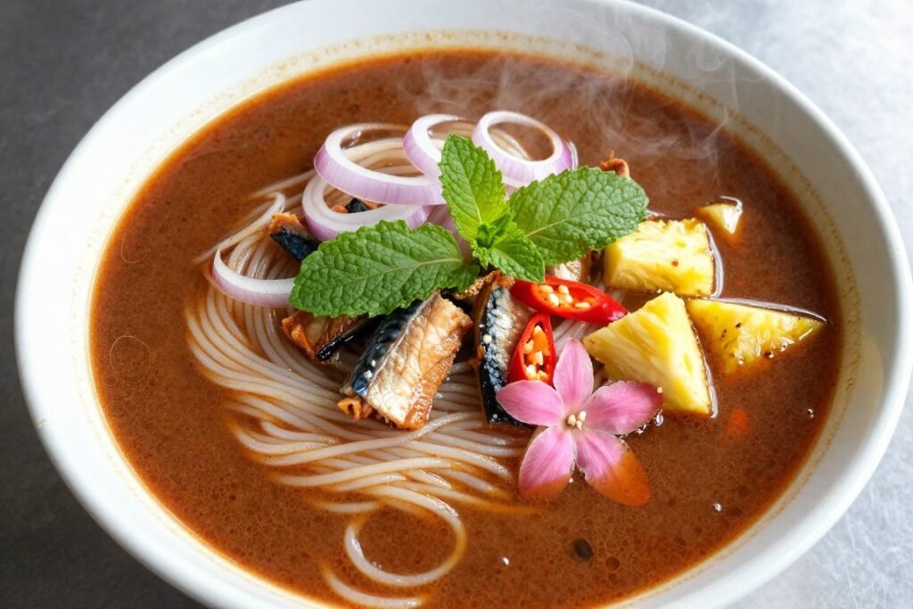 bowl of penang assam laksa with fish and herbs