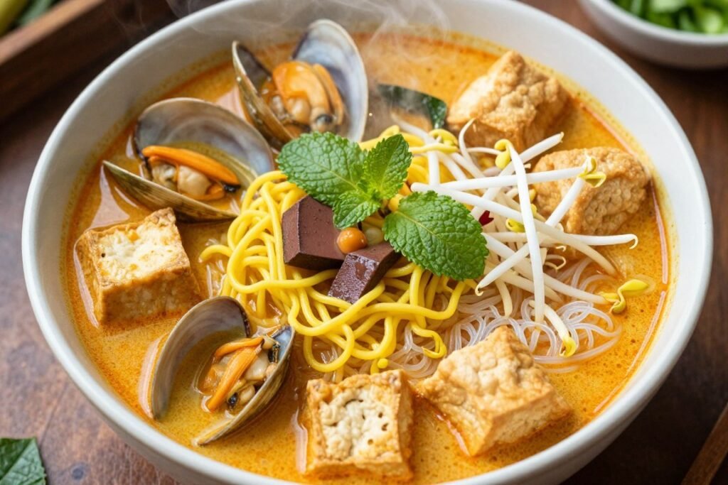 bowl of penang curry mee with coconut milk