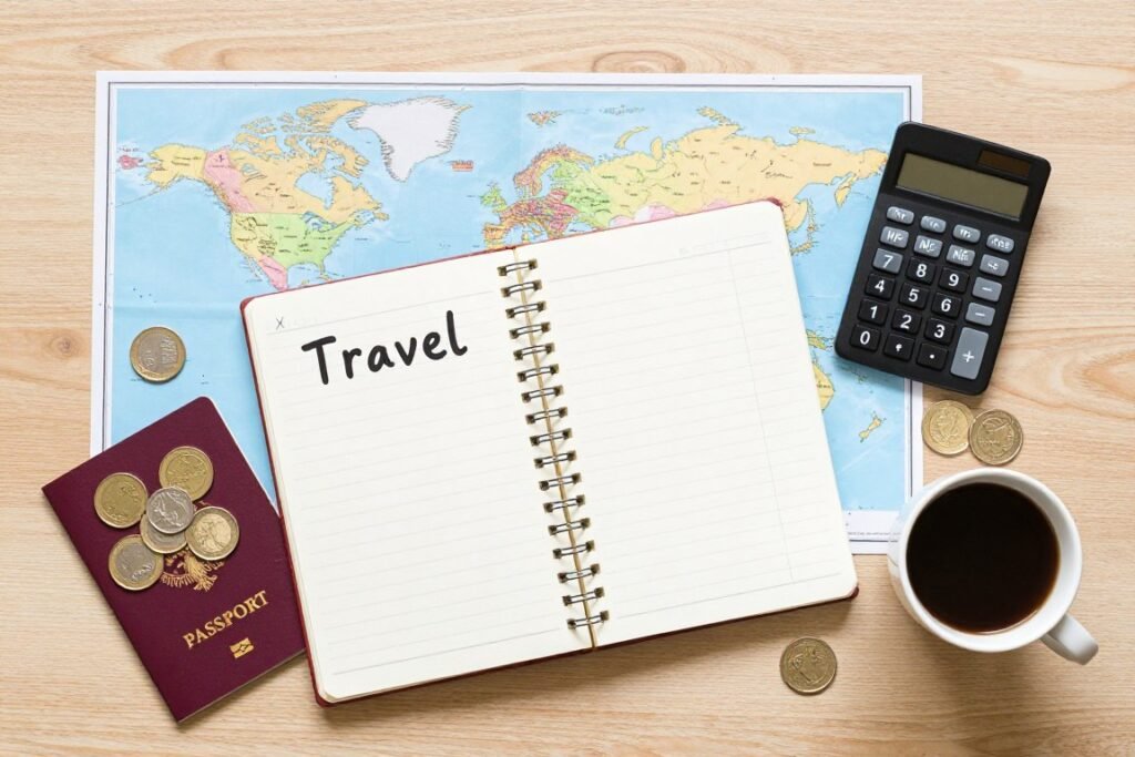 budget travel planning with map and notebook