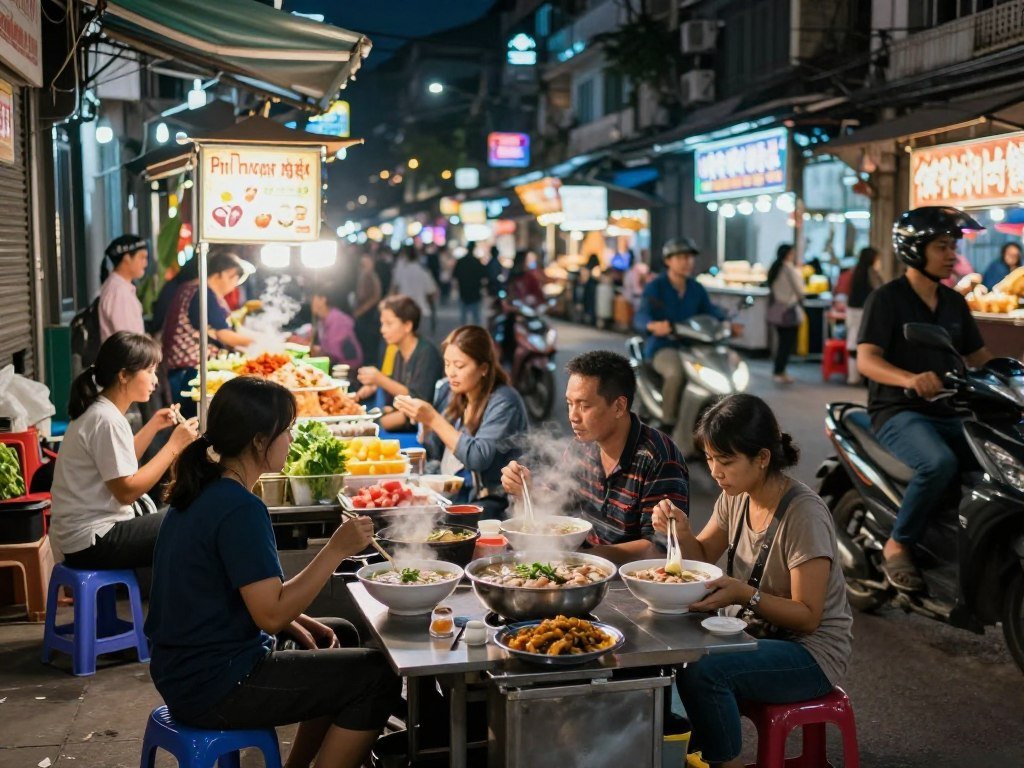 bustling Hanoi street food scene with vendors cooking traditional Vietnamese dishes on sidewalk bustling Hanoi street food scene with vendors cooking traditional Vietnamese dishes on sidewalk