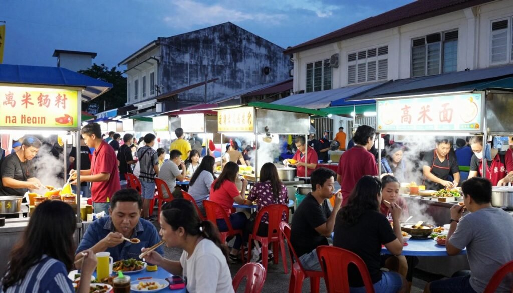 busy penang hawker centre with multiple food stalls
