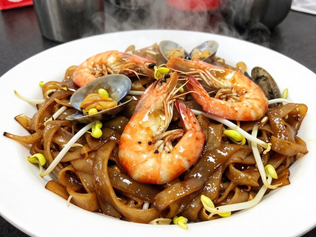 close-up of char koay teow penang street food with prawns and cockles