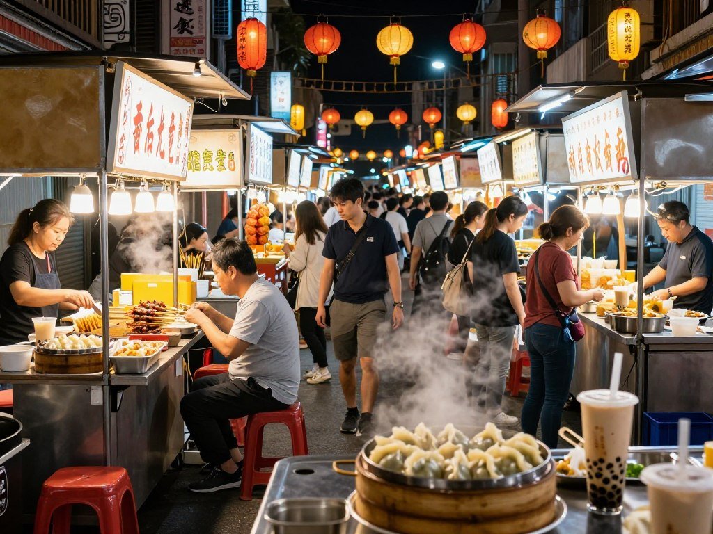 colorful Taiwan night market with affordable street food stalls