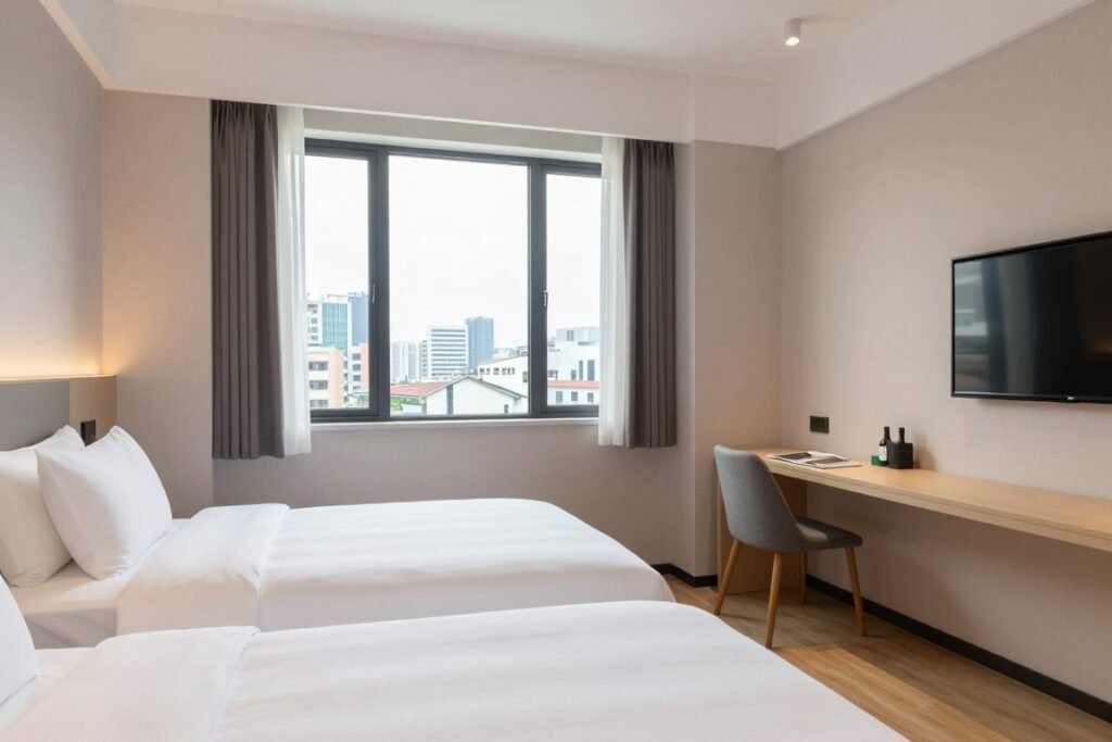 comfortable budget hotel room in Taiwan with modern amenities