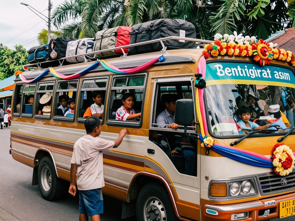 crowded Southeast Asian transportation during festival period with decorated vehicles