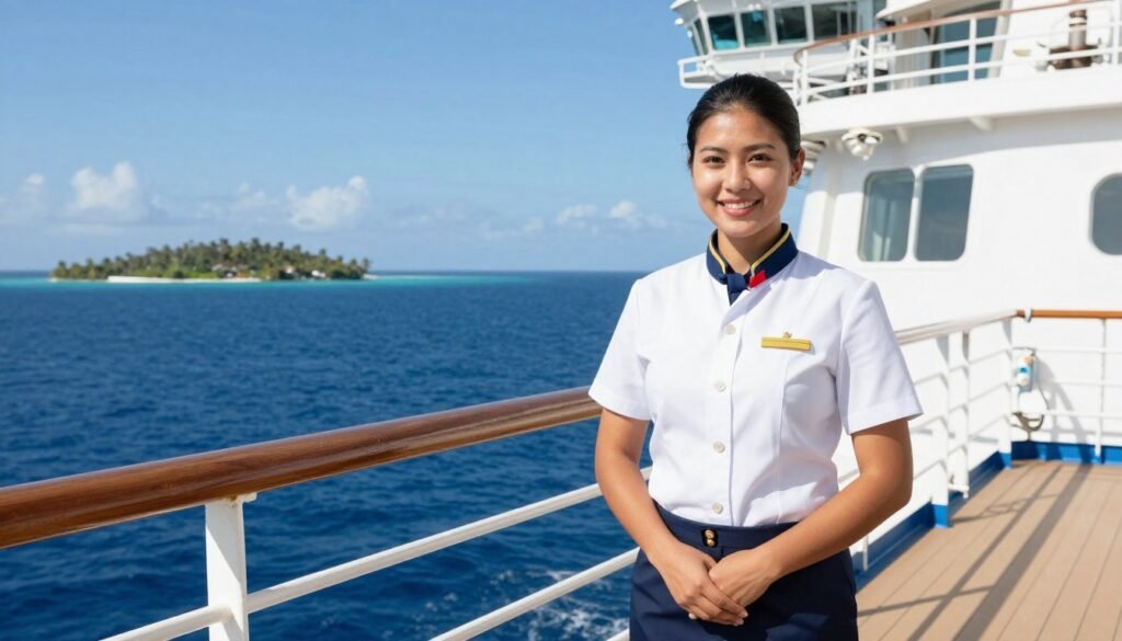 cruise ship worker on deck with ocean view