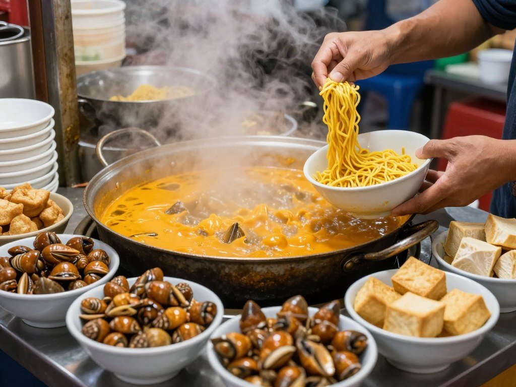 curry mee vendor preparing soup at hawker centre