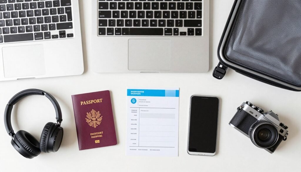 digital nomad packing and planning with laptop and travel gear