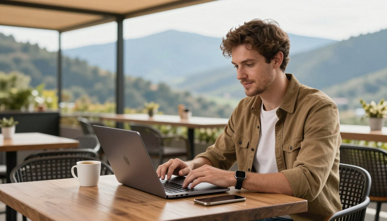 digital nomad working on laptop with scenic mountain view in background