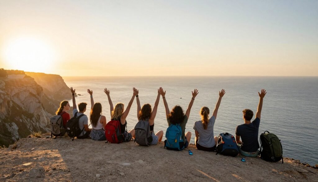 diverse group of travelers celebrating at sunset