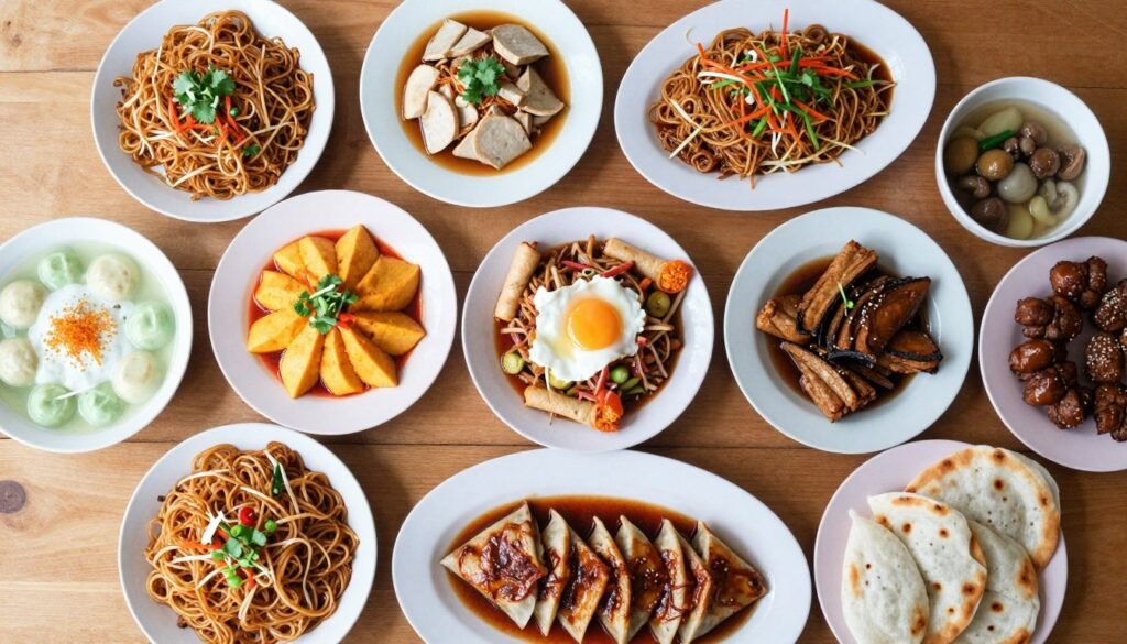 diverse penang street food spread on table