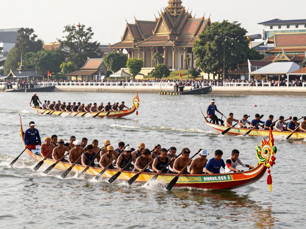 dramatic Cambodian longboat race with dozens of rowers during Bon Om Touk festival