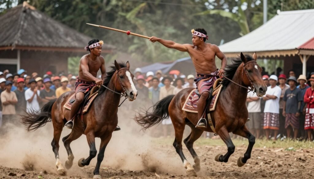 dramatic Pasola ritual battle with mounted Sumbanese warriors throwing spears
