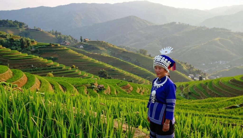 dramatic view of Sapa terraced rice fields with ethnic minority woman in traditional dress dramatic view of Sapa terraced rice fields with ethnic minority woman in traditional dress