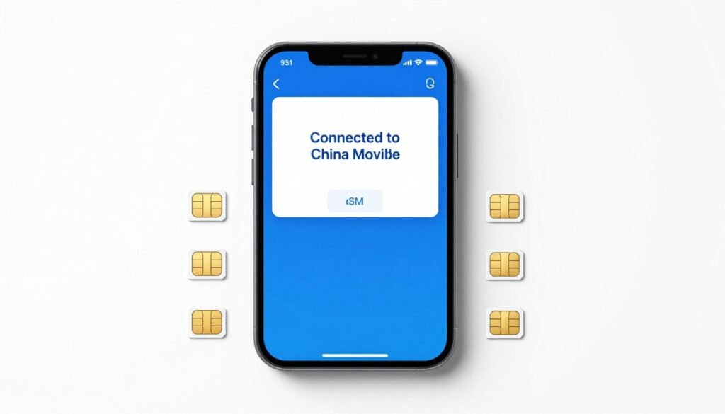 eSIM card illustration with smartphone showing China mobile network connection