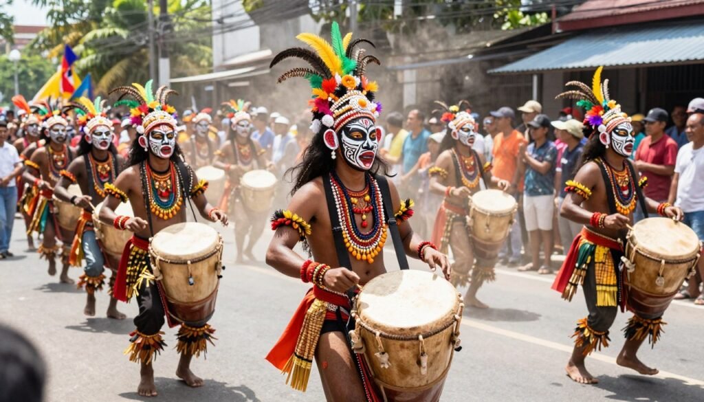 energetic Ati-Atihan festival street dancing with elaborate tribal costumes