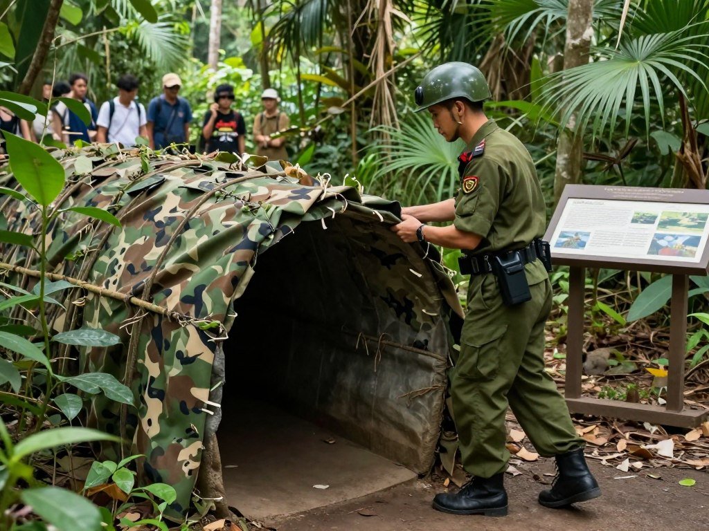 entrance to Cu Chi tunnel with guide demonstrating underground passage system entrance to Cu Chi tunnel with guide demonstrating underground passage system
