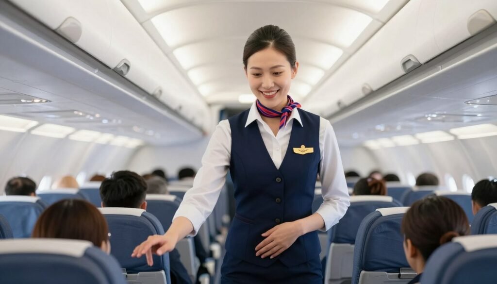 flight attendant in airplane cabin smiling
