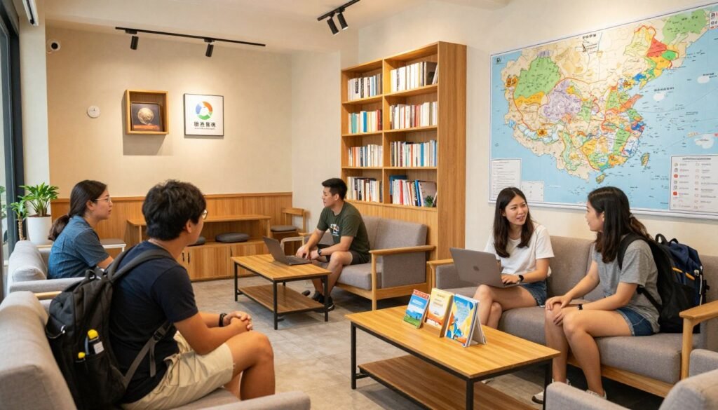 friendly hostel common area in Taiwan with travelers socializing