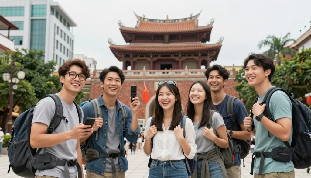 happy budget travelers exploring Taiwan landmarks and enjoying local culture