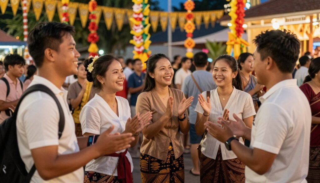 happy travelers experiencing authentic Southeast Asian festival celebration