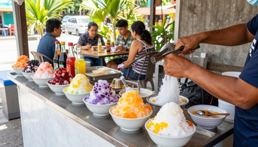 ice kacang vendor preparing dessert at hawker centre