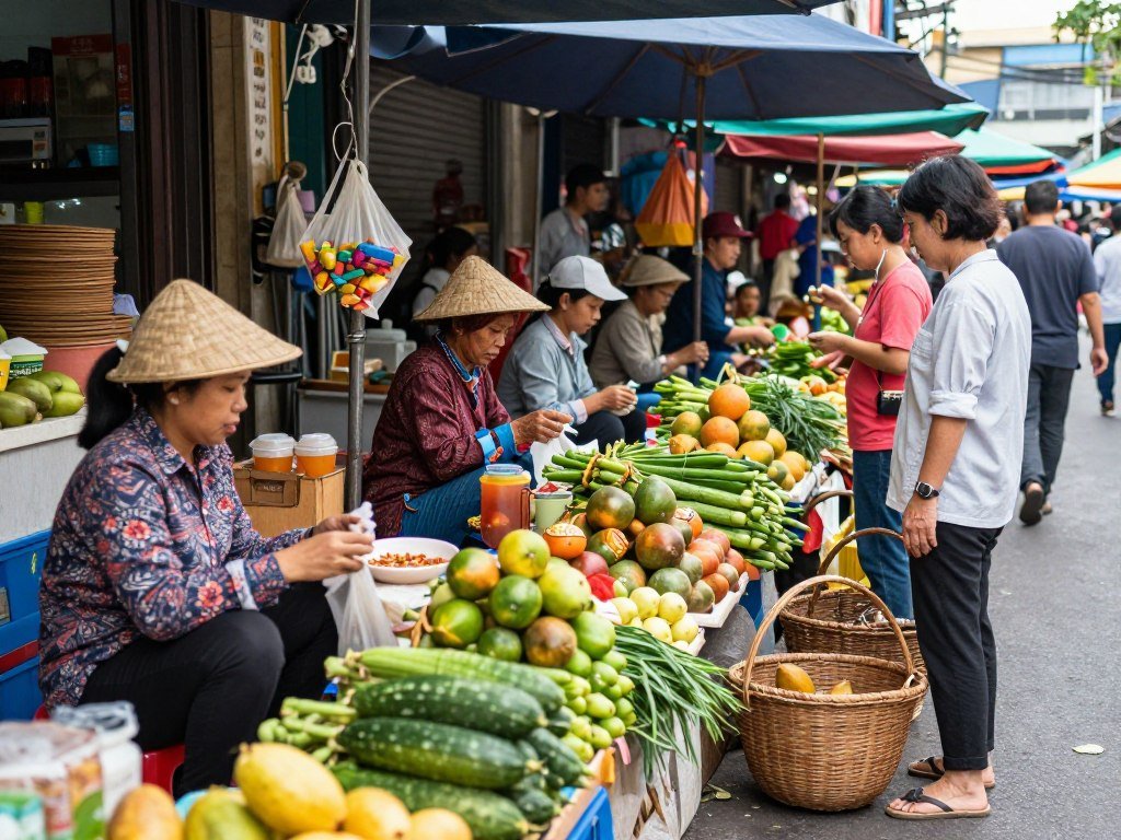 local Vietnamese market scene with vendors