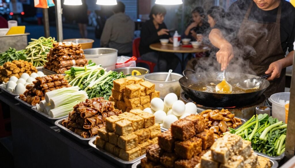 lor bak stall display with various fried items