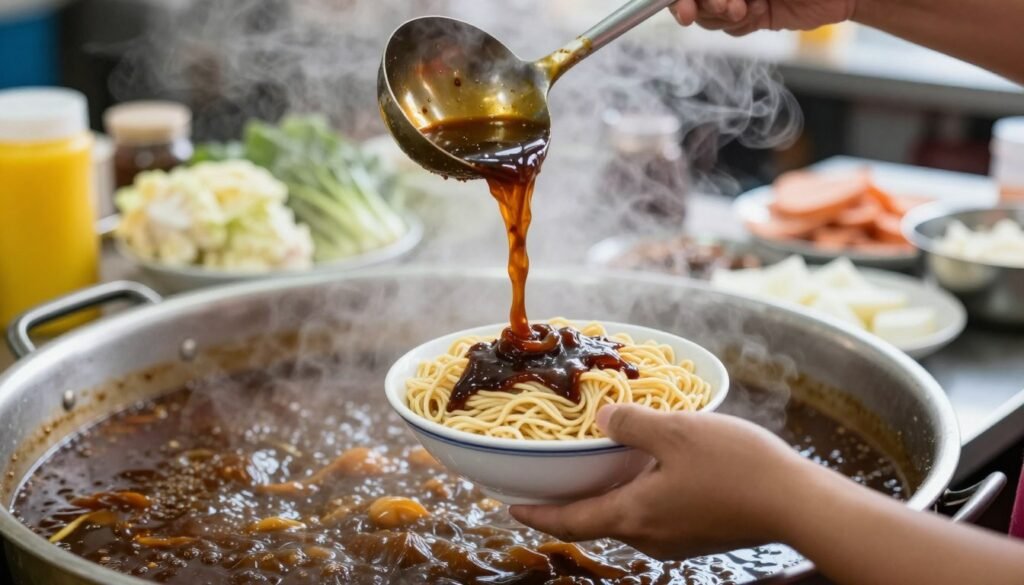 lor mee vendor ladling gravy over noodles