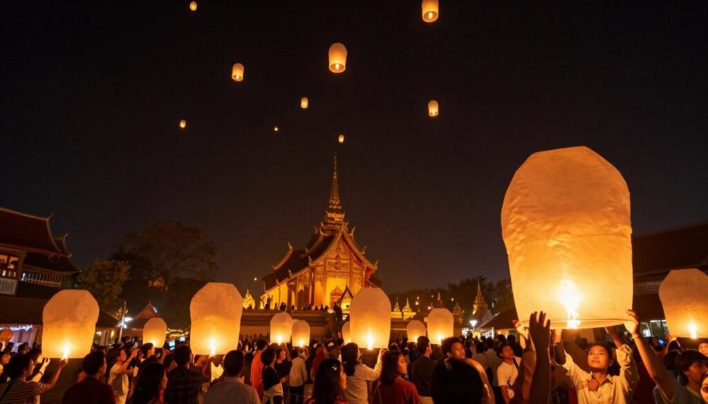 magical scene of thousands of sky lanterns rising over Chiang Mai during Yi Peng festival