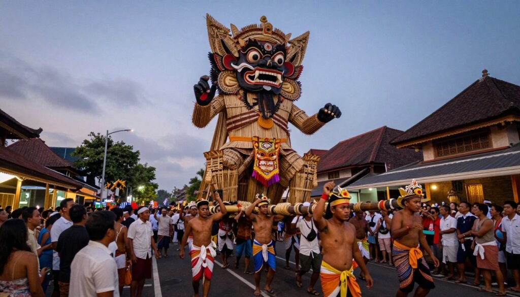 massive Ogoh-Ogoh demon statue parade through Balinese streets before Nyepi
