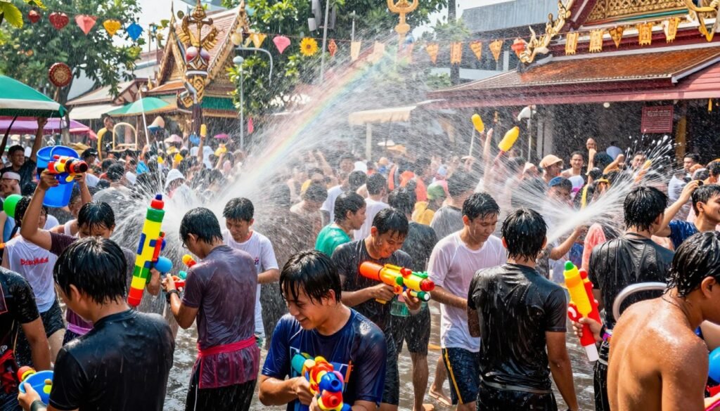 massive Songkran water festival celebration with crowds throwing water in Thai streets