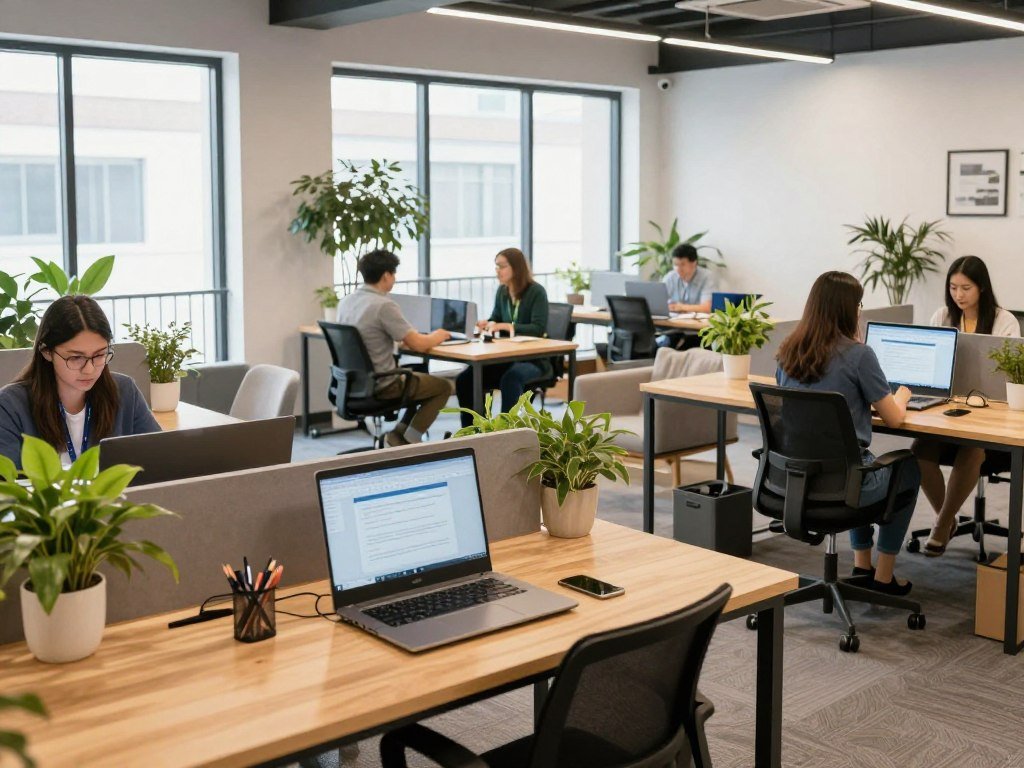 modern coworking space interior with digital nomads working at desks