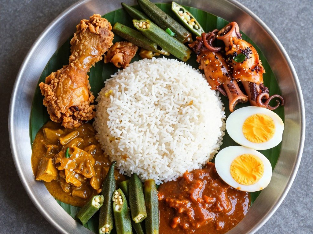 nasi kandar plate with multiple curries and rice penang
