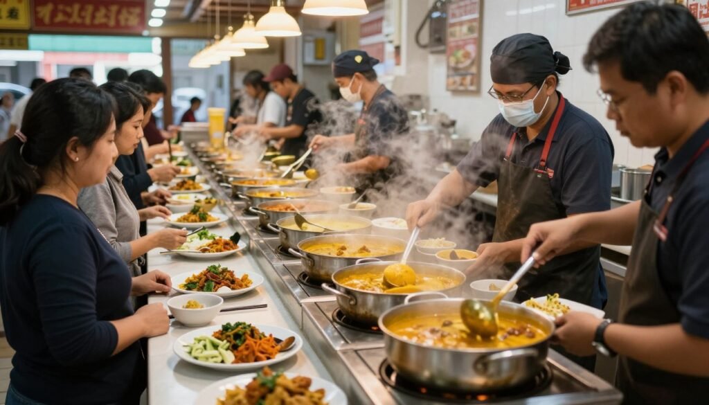 nasi kandar restaurant with curry display penang