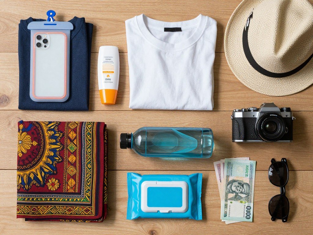 organized festival travel packing flat lay with essential items