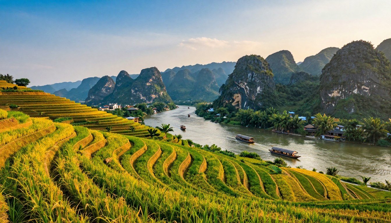 panoramic view of vibrant Vietnamese landscape featuring emerald rice terraces, traditional boats, and limestone karsts