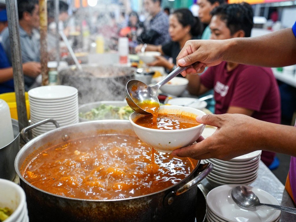 penang assam laksa vendor preparing soup at hawker stall